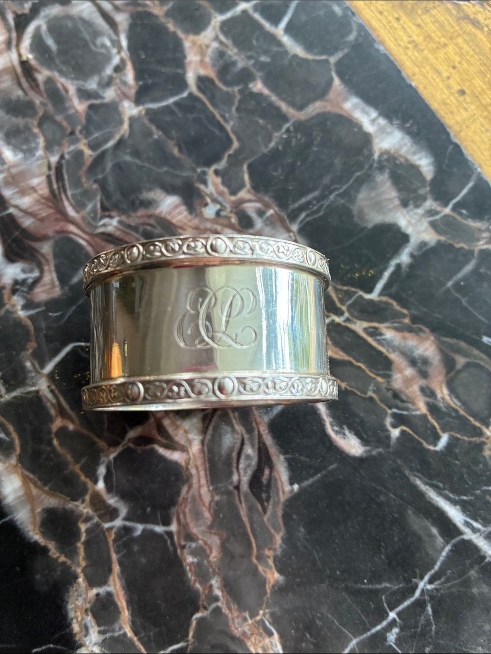 Engraved sterling silver Napkin Ring with Decorative Border